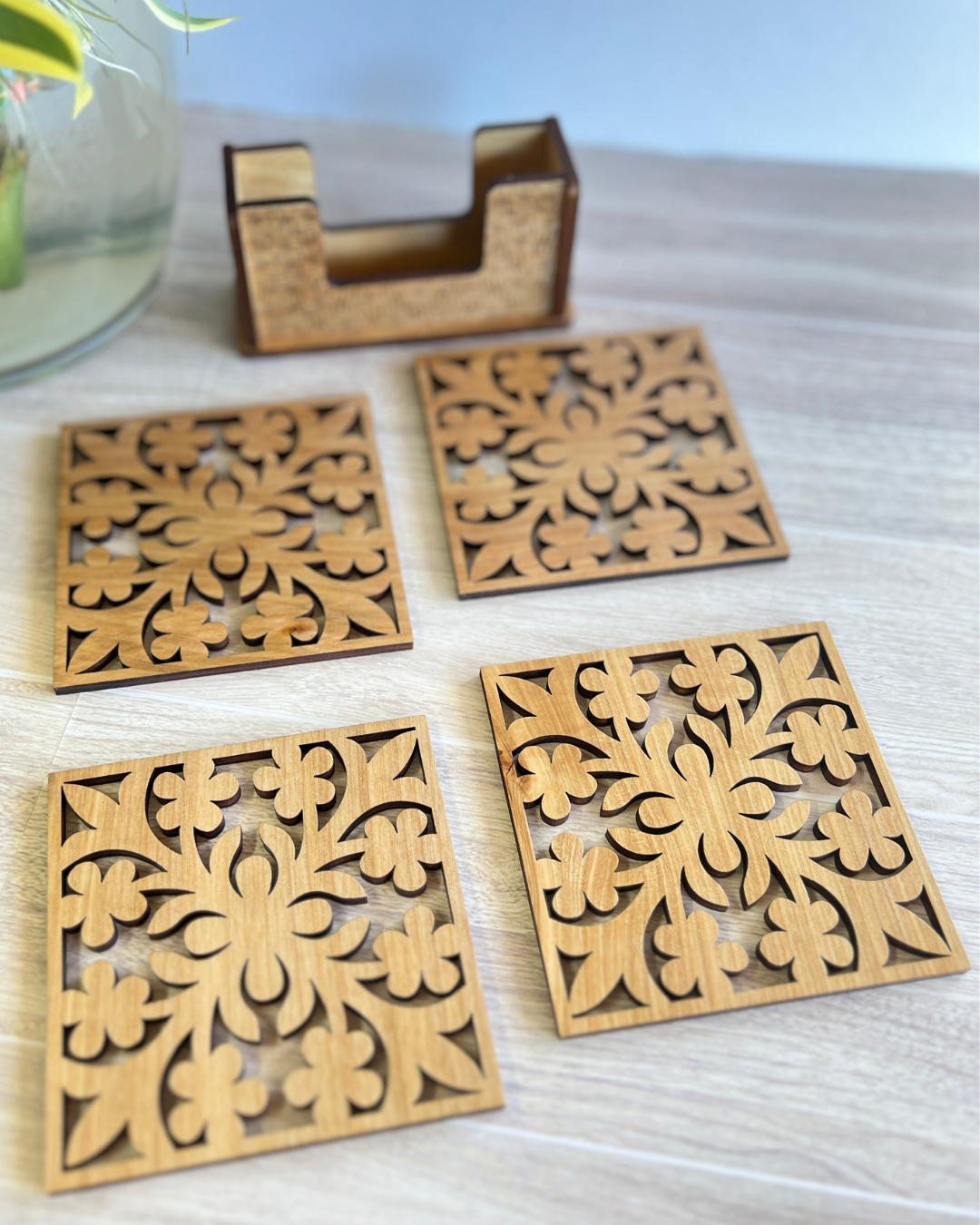 Coaster Set - Plumeria Hawaiian Quilt Block