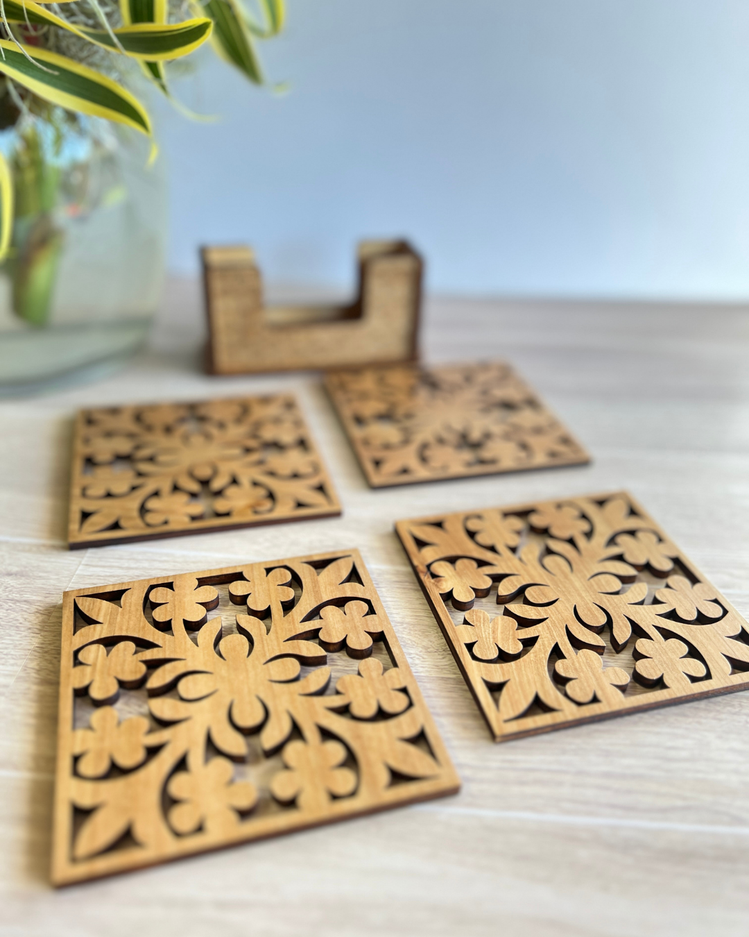 Coaster Set - Plumeria Hawaiian Quilt Block