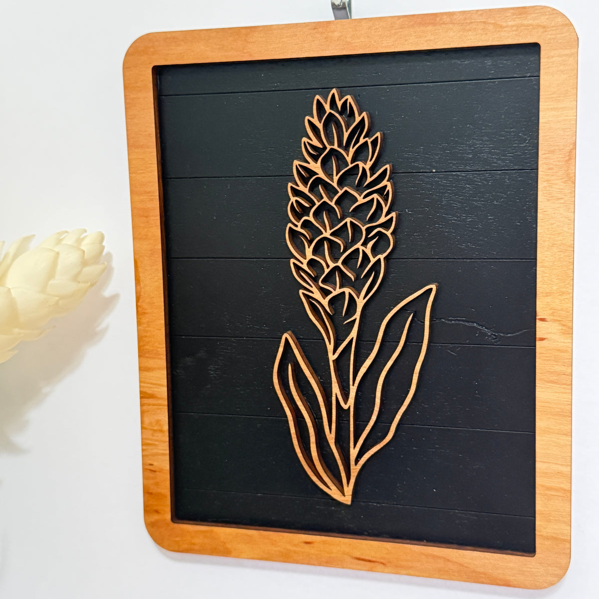 Botanical Design Wall Art Laser Cut Wood Tropical Monstera Leaf Ginger Flower Hapu'u Fern Pattern Natural Frame Handcrafted Small Accent Ready To Hang Display Living Room Bedroom Office Addition Coastal Home Styling Nature Lover Gift