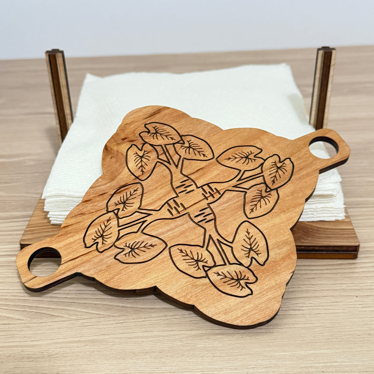 Island Lifestyle Essential Wooden Napkin Holder Tropical Kitchen Organization Hawaiian Quilt Pattern Design Natural Wood Construction Laser Engraved Botanical Details Multiple Pattern Options Plumeria Hibiscus Monstera Anthurium Perfect
