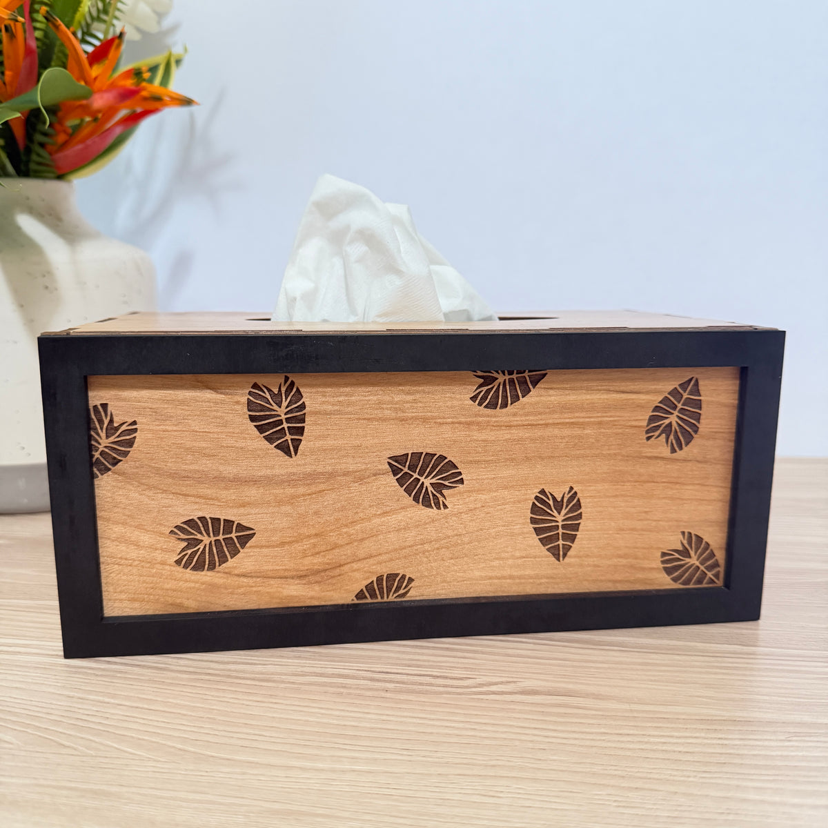 Tissue Holder Box Cover Wooden Organizer Storage Natural Wood Construction Laser Engraved Tropical Leaf Pattern Plumeria Monstera Botanical Design Two Tone Finish Modern Farmhouse Bathroom Bedroom Vanity Counter Accessory Living Room